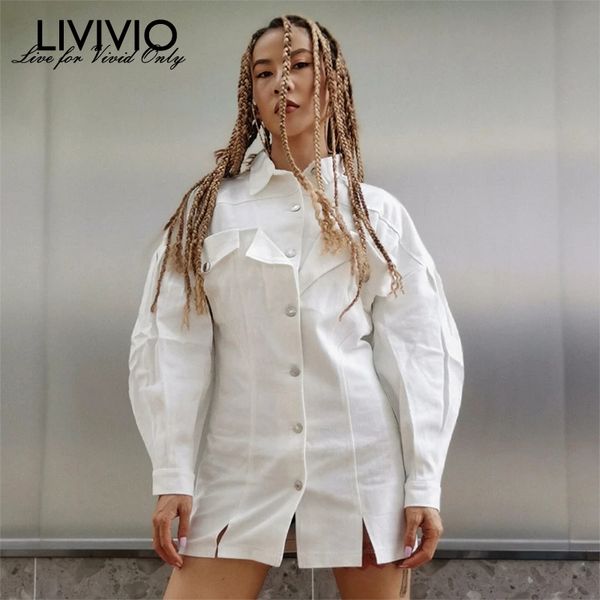 

livivio] elegant jean jacket women turn down neck lantern sleeve split denim shirt coats female 2019 autumn fashion new clothes, Black;brown