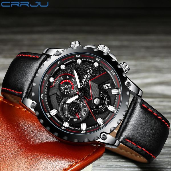 

men's luxury business quartz watches crrju brand luxury men military sport wristwatch leather band watches relogio masculino, Slivery;brown