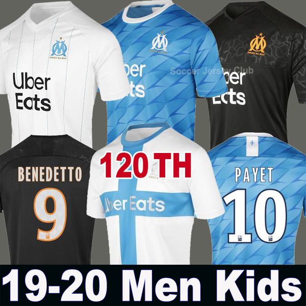 

19 20 olympique de marseille soccer jersey om maillot 2019 2020 payet thauvin benedetto 120th football shirt men kids kit sets 120 years, Black;yellow