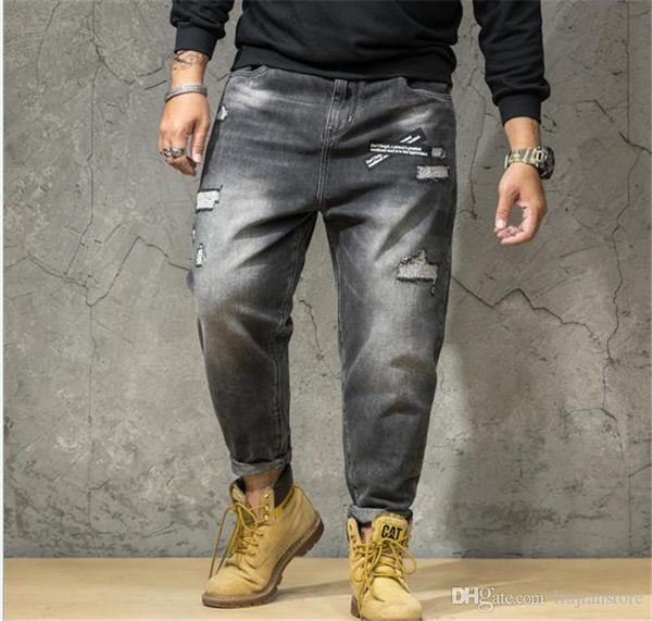 

black mens washed embroidery jeans fashion designer plus size pencil pants loose mid waist bleached jeans, Blue