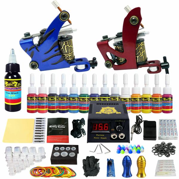

complete starter tattoo kit machine set guns 14 inks power supply needles tk210