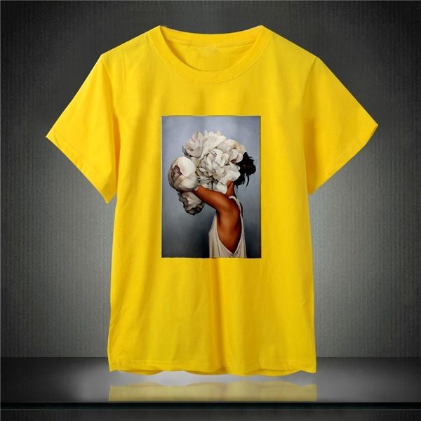 

новый хлопок мода tshirt sexy flowers перо женщины harajuku современная эстетическая печать с коротким рукавом топы тис повседневная футболк, White