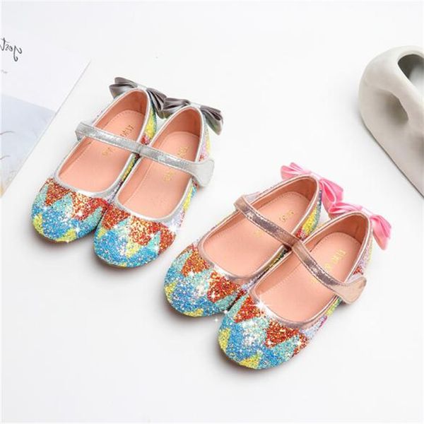 

flat shoes girls glitter princess children soft bottom toddler breathable flats student bow party dance kids leather 041, Black;grey