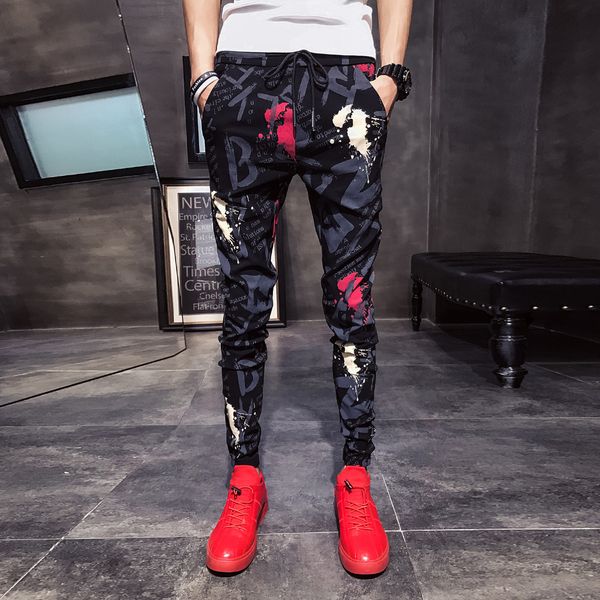 

men clothes 2019 summer new harem pants men slim fit casual floral pants drawstring young mens joggers hip hop trousers 33, Black