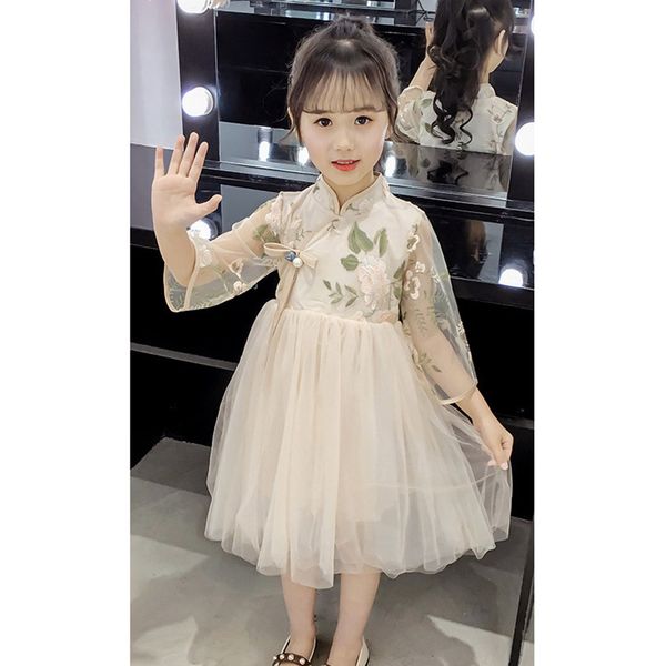 

girls dress flower embroidery kids party dress chinese style girls spring autumn kids costume 6 8 10 12 14 year, Red;yellow
