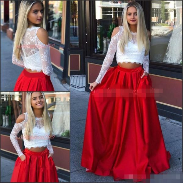 Laço branco vermelho cetim dois peça vestidos de baile mangas compridas pescoço de jóias ruched plisses noite Juniors Juniors Graduação festa vestido de ocasião formal