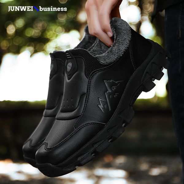 

leather winter with fur warm snow plush outdoor ankle boots for business dress shoes men j3, Black