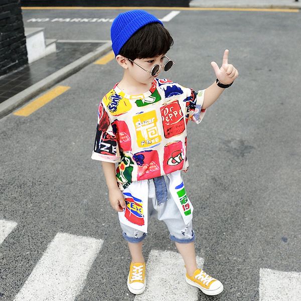 

boy clothing sets 3-11t baby boy t-shirt+trousers summer costume set for boy denim pants cartoon children shirt pop, White