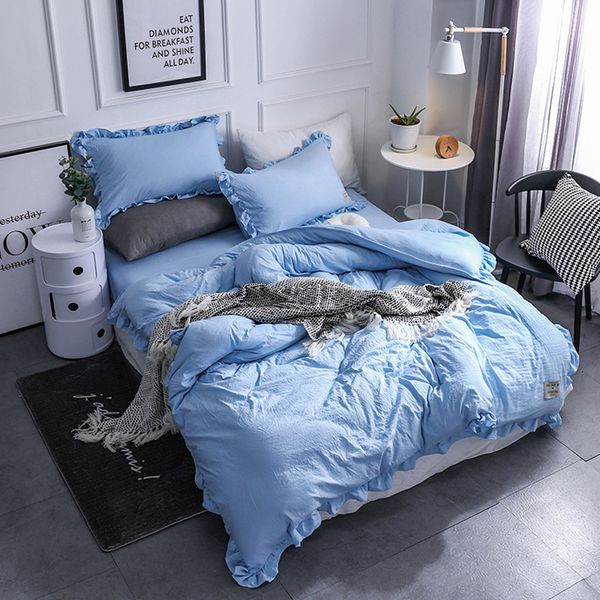 

45)sky blue bedding set soft washed cotton duvet cover set 4pcs/set home bed solid linen freshness bedclothes adult
