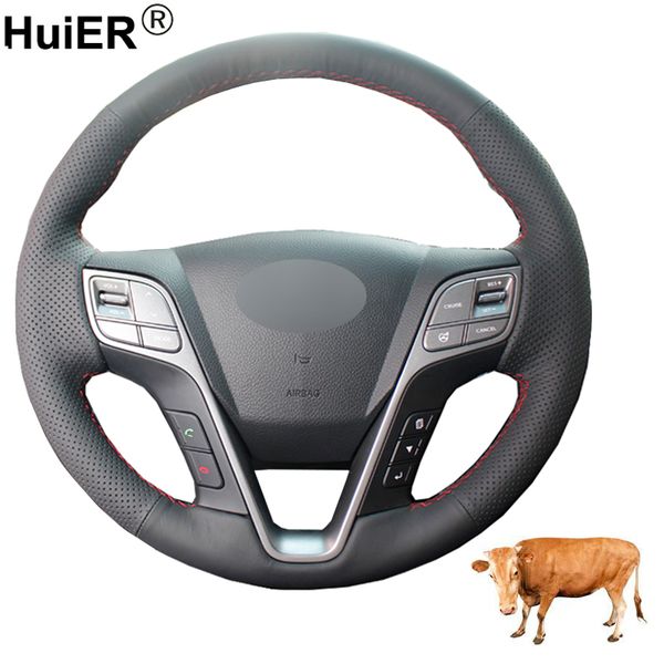 

hand sewing car steering wheel cover volant funda volante cow leather for santa fe 2013-2017 2018 ix45 2013-2016