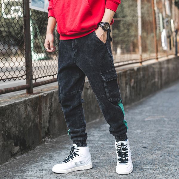 

japanese style fashion men jeans jogger pants ankle banded big pocket cargo pants autumn winter hip hop stripe patch punk jeans, Blue
