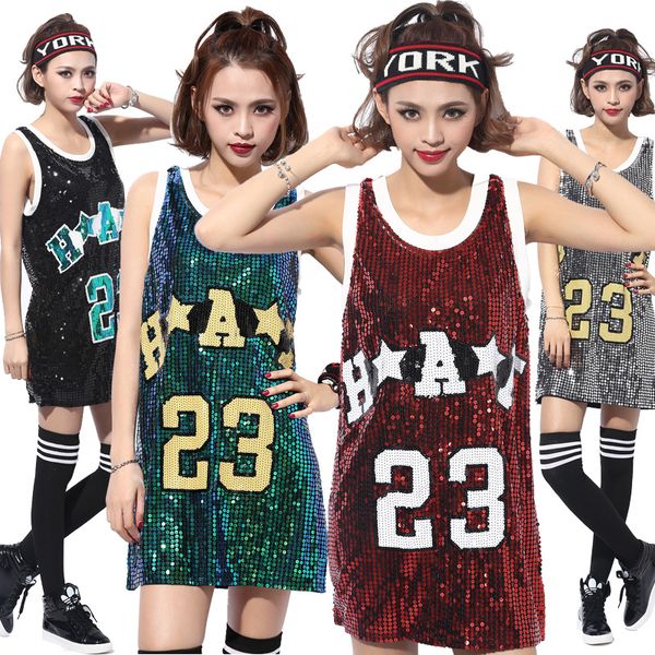 

new fashion polyester sequins ballroom dance costumes nightclub trendy hip hop dancing singer performance clothing, Black;red