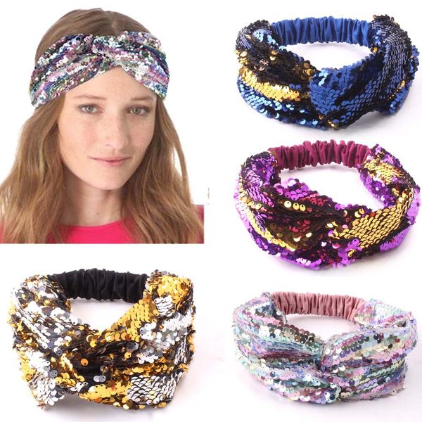 Mermaid Pullu Bantlar Geri Dönüşümlü Çevirme Sequins Kafa Streç Elastik Hairband Kadınlar için Moda Pullu Glitter Büküm Şapkalar Kafa Wrap