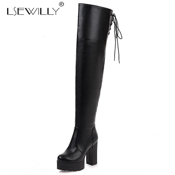 

lsewilly large size 33-48 women boots punk gothic chunky block high heels over the knee boots zip party office shoes black white