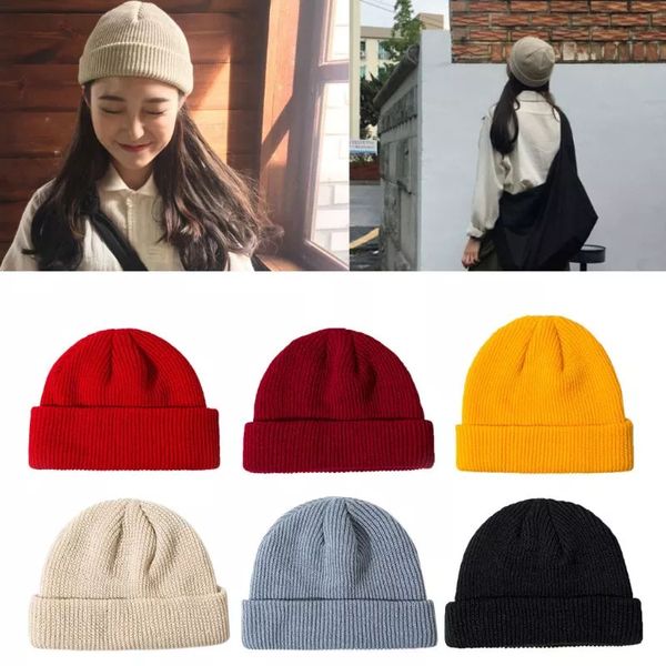 

winter ribbed knitted cuffed short melon cap solid color skullcap baggy retro ski fisherman docker beanie hat slouchy dhl le397, Yellow