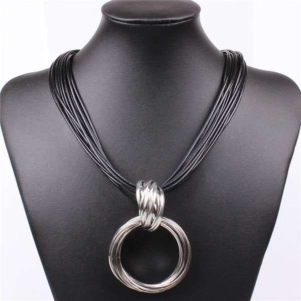 

vintage alloy circle pendant lots of black leather chain statement necklaces fashion jewelry for ladies, Golden;silver