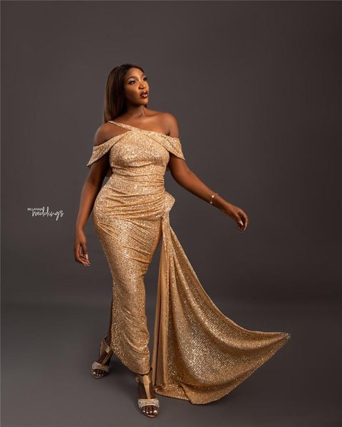 

2020 gold sequined mermaid prom dreses african high side split evening gown sparkly strapless formal party gown, Black