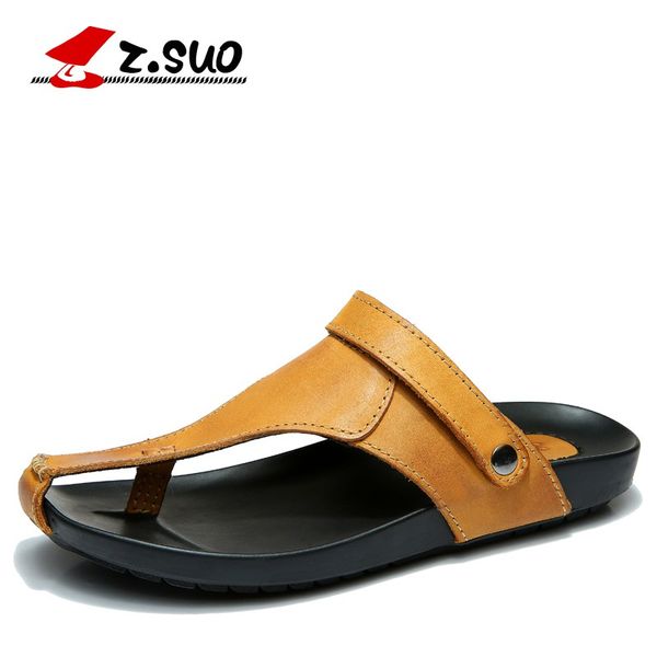 

z.suo man summer leather flip flops 100% genuine leather upper rubber outsole men's sandals british style thongs slippers zs1920, Black