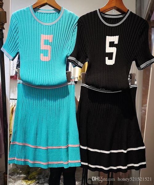 

2019 summer new women's ice silk short sleeve knitted number 5 print sweater and high waist a-line short skirt twinset dress suit