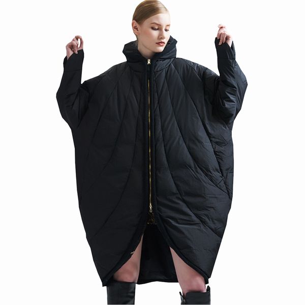 

2018 winter new fashion women's bat sleeved stand collar cloak down coat female thicken warm down jacket outwear zs385, Black