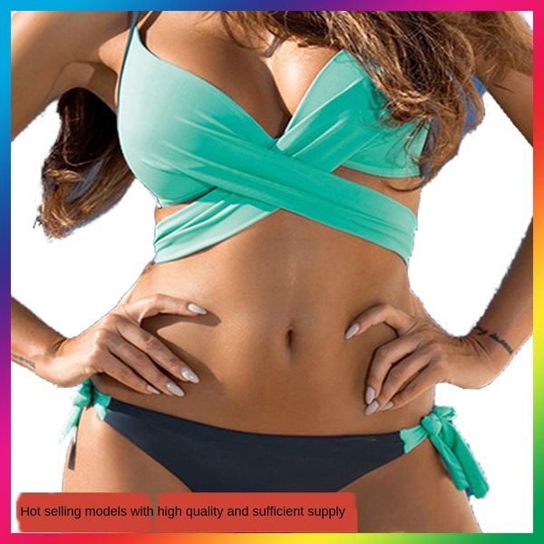 

2019 solid color split hard bag bikini swimsuit bikini cross tie swimsuit, White;black