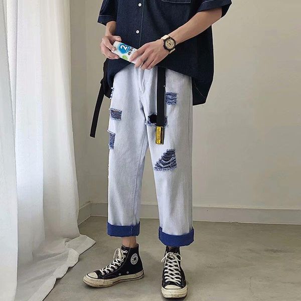 

wholesale 2019 spring autumn korean men's jeans straight harem ankle length pants overalls youth popular denim ripped hole jeans, Blue