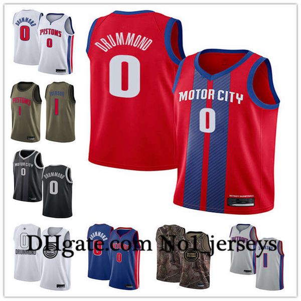 

custom men's women detroit pistons 0 andre drummond 1 allen iverson grey blue throwback basketball edition nba jerseys, Black;red