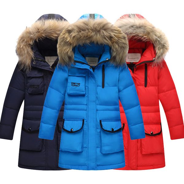 

russian winter boys thickened duck down jackets girls big fur collar hooded down & parkas children snow clothes coats, Blue;gray