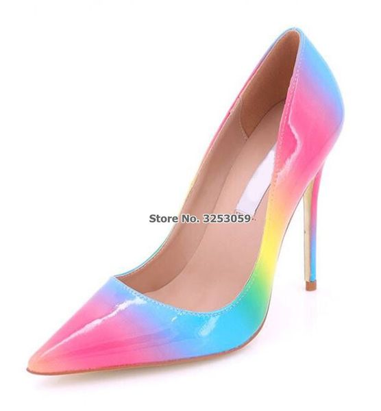 

almudena new spring summer rainbow gradient color pointed toe pumps stiletto heels 12cm multi-color patent leather wedding shoes, Black