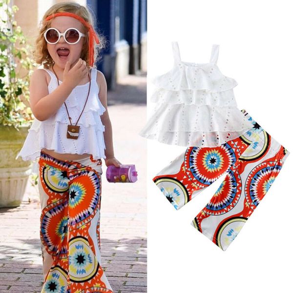 

toddler kids baby girls summer outfits sleeveless t-shirt tank loose wide leg pant printing trousers baby girl clothes, White