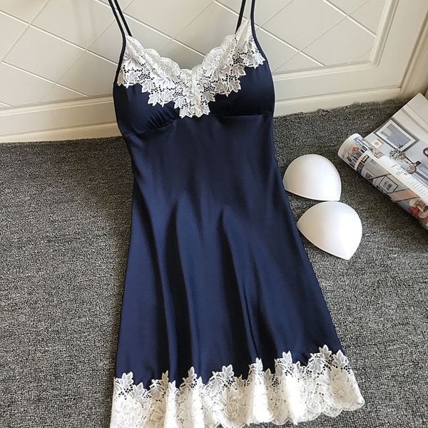 

women nightgowns padded summer sleepwear mini dress spaghetti strap silk lace femme home nightwear sleepshirts nightdress, Black;red