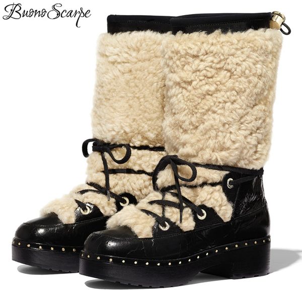 

warm wool med boots women natural leather fashion women boots fur winter snow platform heels rivets plush snow mujer, Black