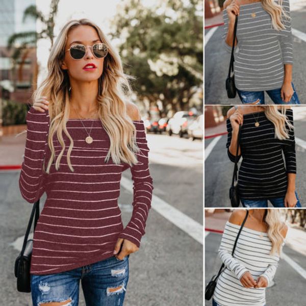 

women ladies stripe off-shoulder long sleeve tee shirt casual loose t shirt striped, White