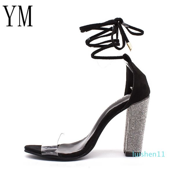 

3colour women heeled sandals bandage rhinestone ankle strap pumps super high square heels lady shoes big size 43 l11, Black