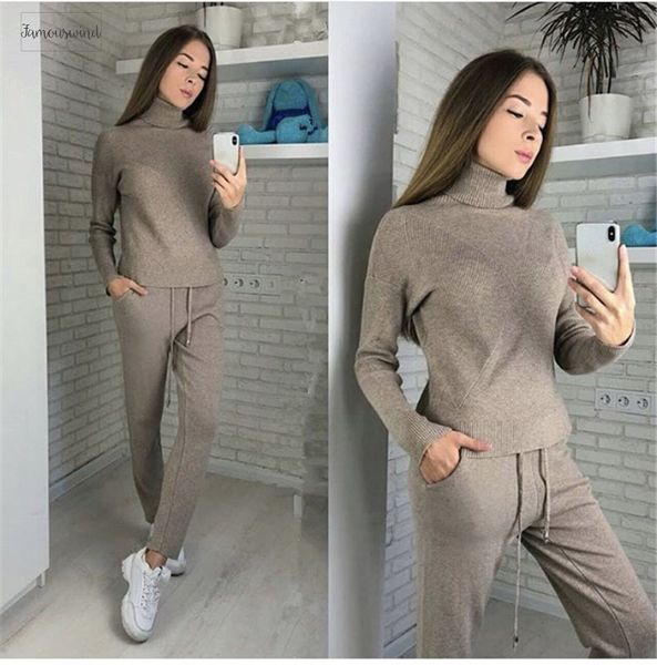 

knitted winter warm suit casual high collar sweater sweater pants loose style knit two-piece sets drop shipping, Gray