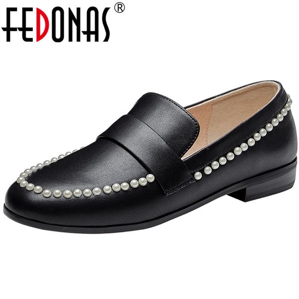 

fedonas concise pearl decoration shoes for women vintage round toe new chunky heels pumps 2020 autumn working party shoes woman, Black
