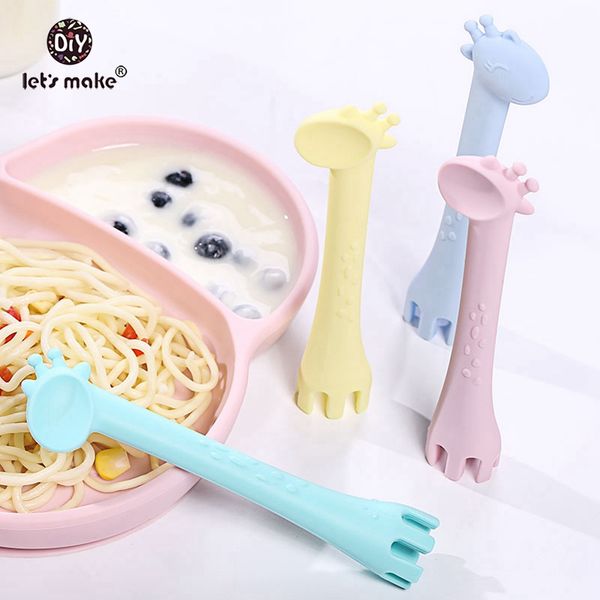 

let's make 10pc baby silicone giraffe spoon and feeding fork two in one safety tableware infant learning spoons teething spoons
