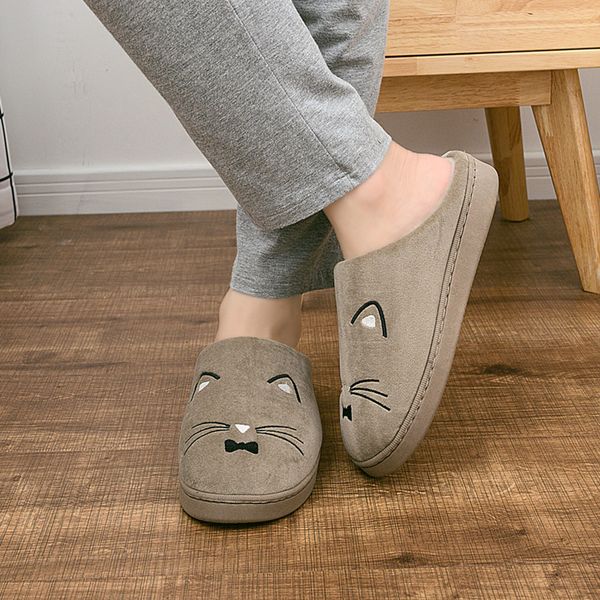 

mens winter home slippers cartoon cat shoes non-slip soft winter warm house slippers indoor couples floor shoes drop shipping, Black