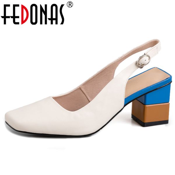 

fedonas casual women genuine leather high heels fashion casual party sandals summer shoes woman square heels buckle mules shoes, Black