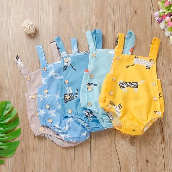 

summer baby cotton cartoon sleeveless print sling rompers, Blue