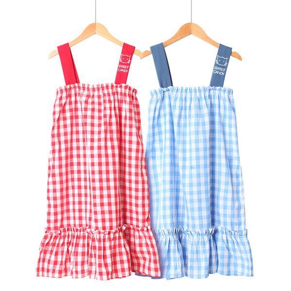 

embroidery lovely plaid cotton short night dress sleeveless plaid sleepwear summer nightgown spaghetti strap night gown, Black;red