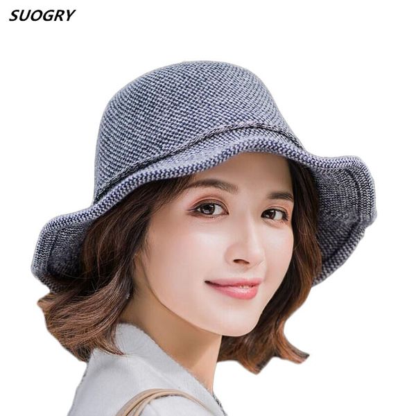 

suogry autumn bucket hat winter elegant women knitting fisherman hats for women lady bow sun hat travel girl's gift female, Blue;gray