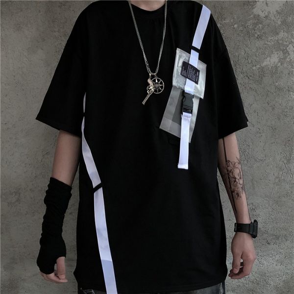 

contrast ribbon belt pocket oversized woman japanese men t-shirt korean t shirt harajuku streetwear hip hop punk techwear loose, White;black