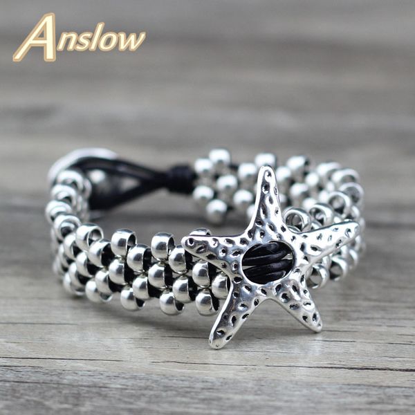 

anslow fashion jewelry new arrivals european style leather bracelets big starfish women men beads bracelet bangle gift low0646lb, Golden;silver