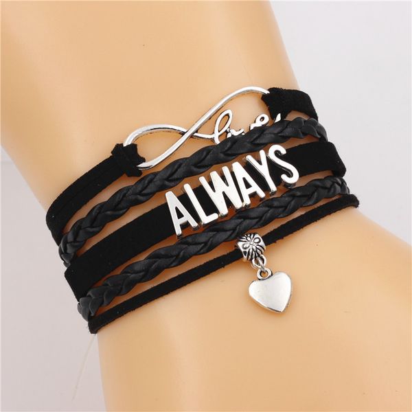 

dgw always alphabets leather bracelets new fashion antique silver color heart charm vintage jewelry gift for women&men, Golden;silver