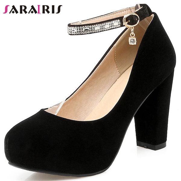 

sarairis plus size 31-45 new fashion female ankle starp thick high heel pumps platform party ol pumps women crystal shoes woman, Black