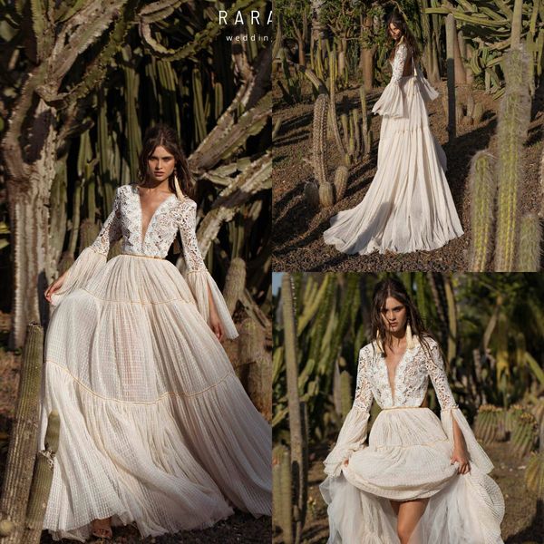 

2019 rara avis bohemian wedding dresses v neck lace appliqued a line backless bridal gowns custom vintage long sleeve wedding dress, White