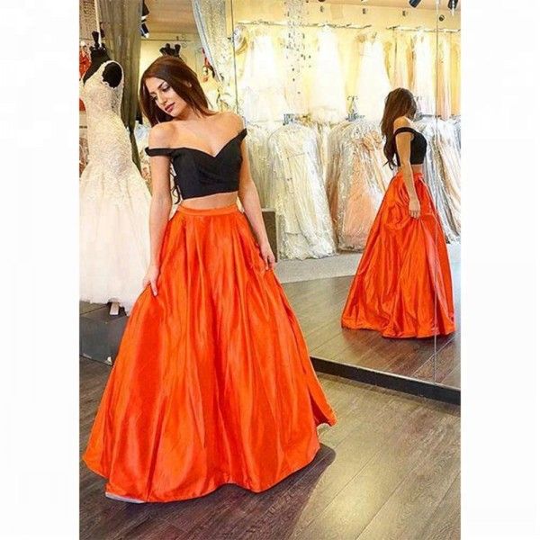 

fall 2019 new design black crop orange a line skirt two pieces prom dresses