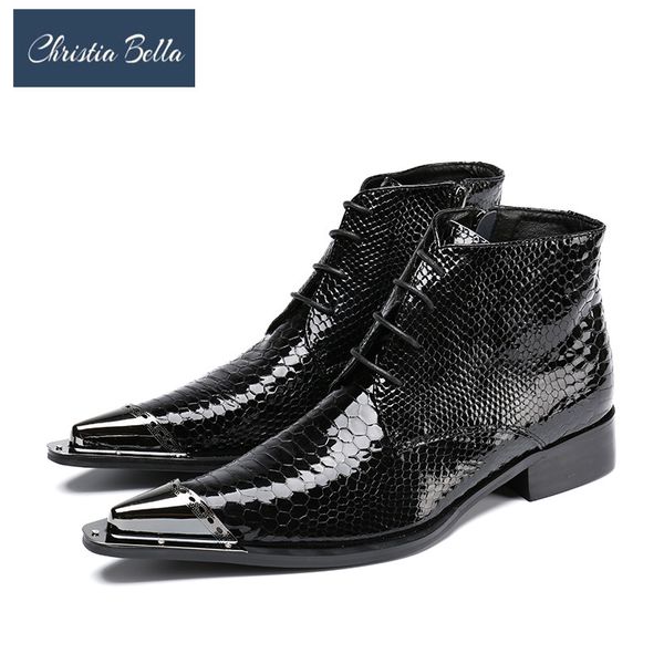 

christia bella large size personality real leather busines boots new lace up pointed formal banquet wedding men's ankle boots, Black