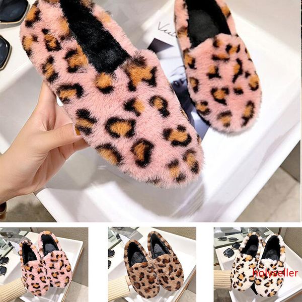 

student casual lazy fur shoes women s low round head flat leopard plus velvet cotton shoes winter home wear